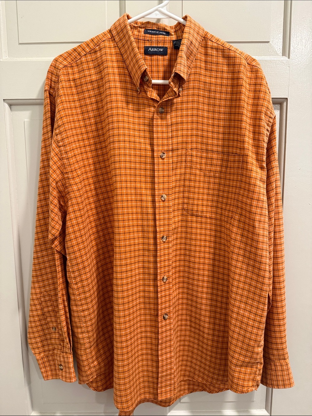 Arrow Wrinkle Free Plaid Button Down Shirt Men's Orange Grid Large